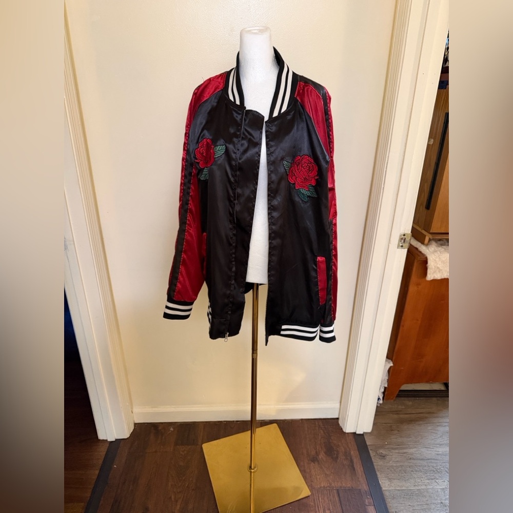 Carbon Black and Red Floral Bomber Jacket - Picture 6 of 13